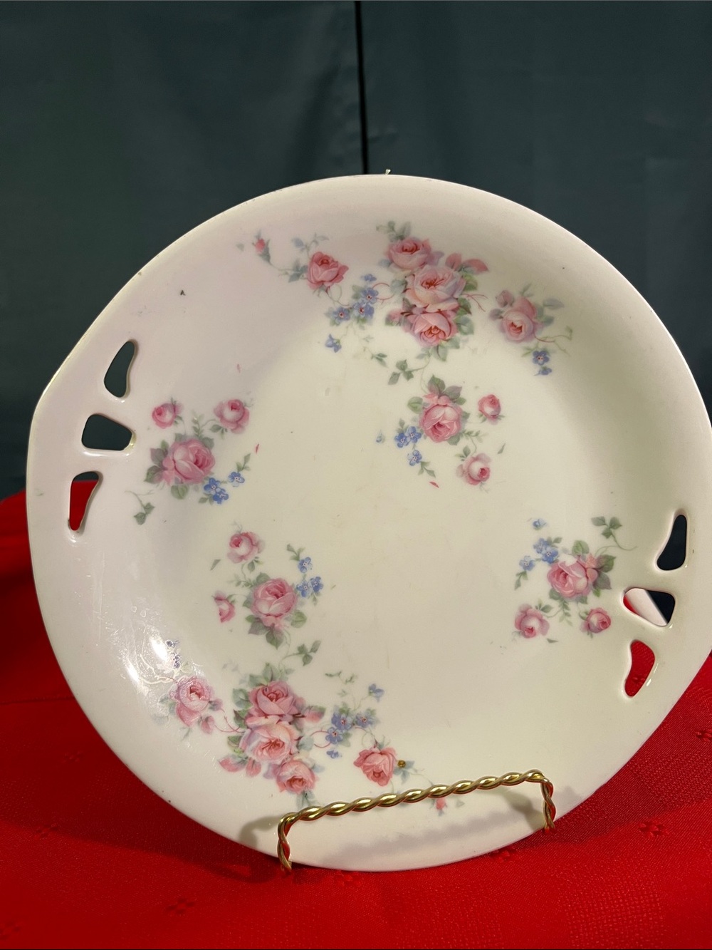 White Porcelain Floral Serving Plate with Pink Rose Patternt Romany Germany